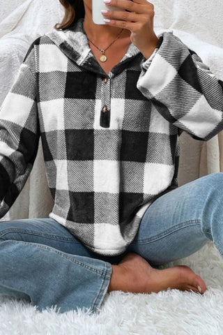 Plaid Quarter Button Dropped Shoulder Hoodie Divacious