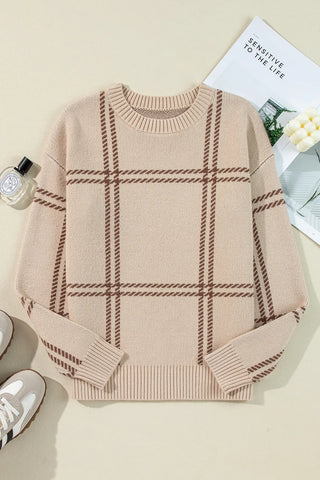 Plaid Round Neck Dropped Shoulder Sweater - Divacious