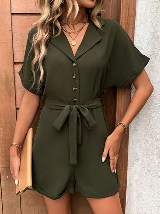 Half Button Tie Waist Short Sleeve Romper Divacious