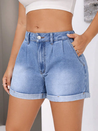 Rolled Hem Mid-Rise Waist Denim Shorts Divacious