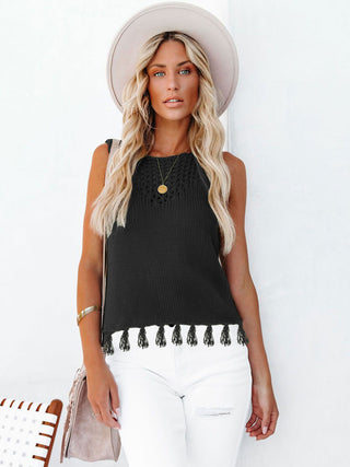 Cutout Tassel Round Neck Tank Divacious