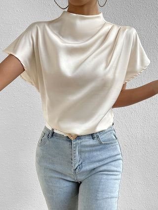 Ruched Mock Neck Short Sleeve Blouse Divacious