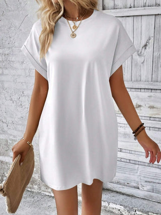 Pocketed Round Neck Short Sleeve Dress Trendsi