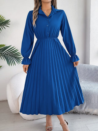 Pleated Half Button Long Sleeve Midi Dress Trendsi