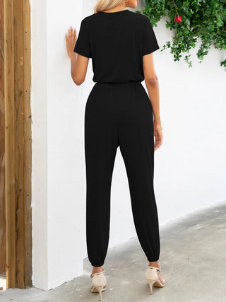 Short Sleeve V-Neck Jumpsuit with Pockets Divacious