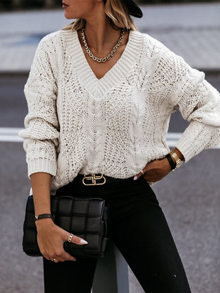 V-Neck Cable-Knit Long Sleeve Sweater Divacious