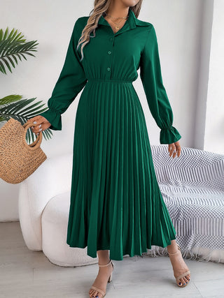 Pleated Half Button Long Sleeve Midi Dress Trendsi