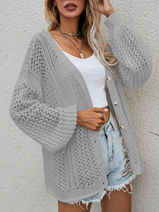 Openwork Button Front Cardigan Divacious