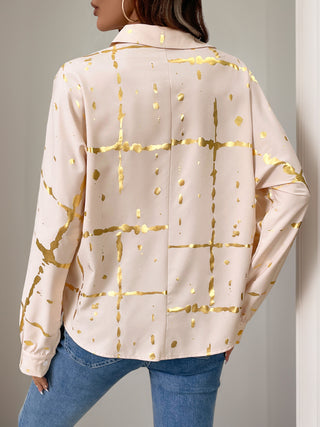 Printed Collared Neck Long Sleeve Shirt - Divacious