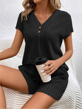 Ribbed V-Neck Top and Shorts Set Trendsi