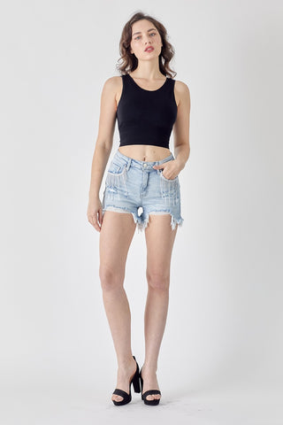 Frayed Hem Denim Shorts with Fringe Detail Pockets Divacious