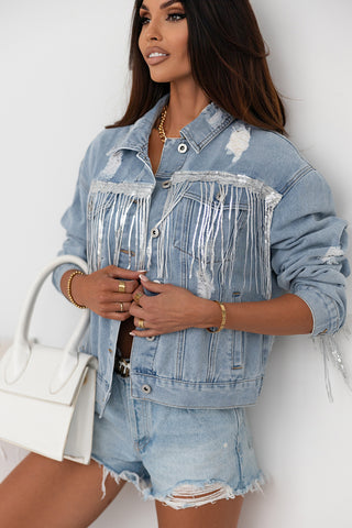 Sequin Fringe Trim Distressed Button Up Denim Jacket Divacious