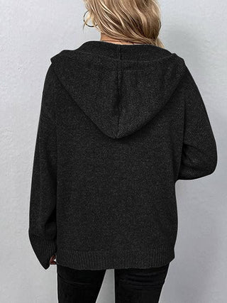 Button Up Drawstring Long Sleeve Hooded Cardigan Divacious