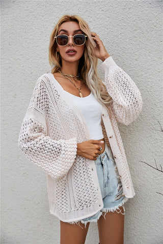 Openwork V-Neck Button Up Cardigan Divacious