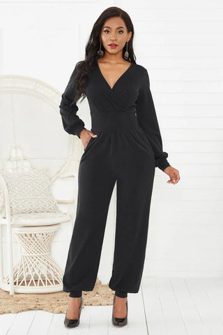 Gathered Detail Surplice Lantern Sleeve Jumpsuit Divacious