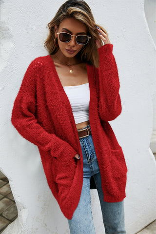 Open Front Openwork Fuzzy Cardigan with Pockets Divacious