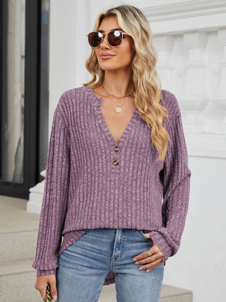 Ribbed Notched Long Sleeve T-Shirt Divacious