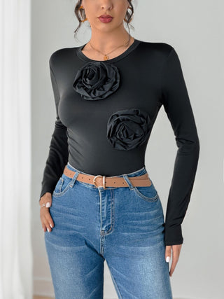 Flower Round Neck Long Sleeve Bodysuit - Divacious