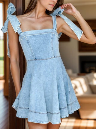 Square Neck Tie Shoulder Denim Dress Divacious