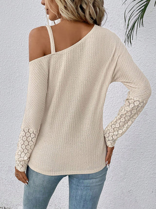 Lace Detail Asymmetrical Neck Long Sleeve T-Shirt Divacious