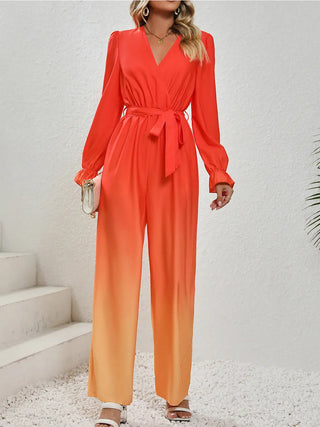 Gradient Tie Front Flounce Sleeve Jumpsuit Divacious