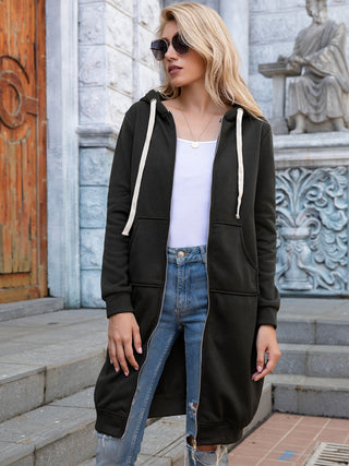 Full Size Zip-Up Longline Hoodie with Pockets Divacious