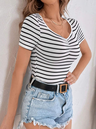 Striped V-Neck Short Sleeve T-Shirt Divacious