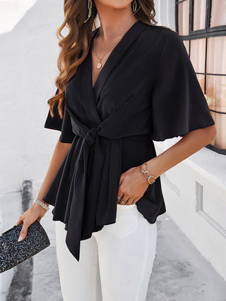 Surplice Tie Waist Half Sleeve Blouse Divacious