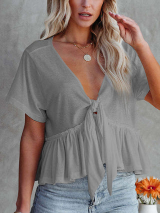 Tied Plunge Short Sleeve Blouse Divacious