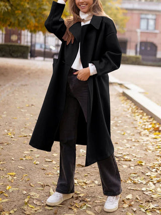 Pocketed Collared Neck Long Sleeve Coat - Divacious