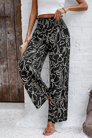 Smocked Printed Wide Leg Pants with Pockets Divacious