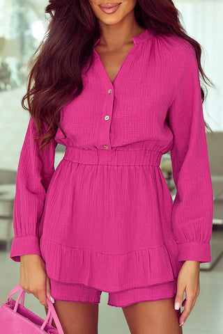 Buttoned Notched Neck Long Sleeve Romper Divacious