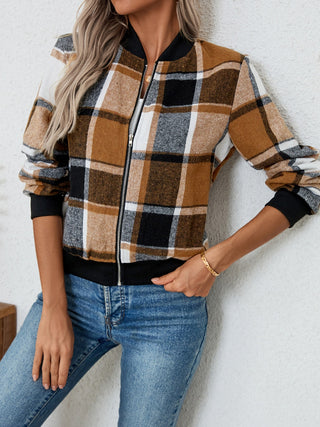 Plaid Zip Up Long Sleeve Jacket Divacious