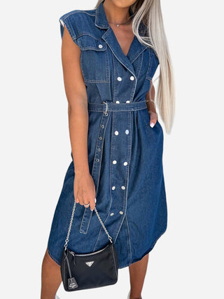 Collared Neck Cap Sleeve Denim Dress Divacious