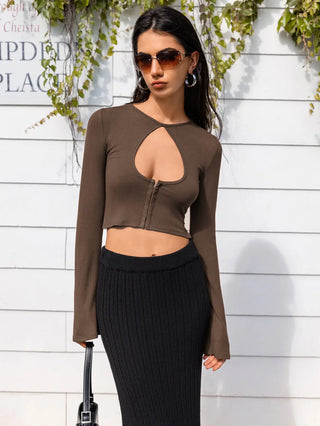 Long Sleeve Cutout Zip Up Crop Top Divacious