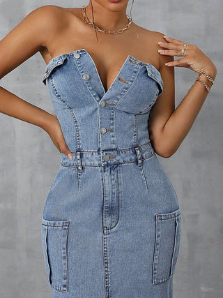 Slit Half Button Tube Denim Dress - Divacious