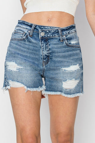 Stepped Waist Frayed Denim Shorts Divacious