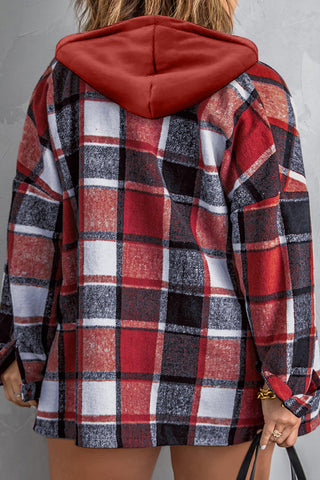 Plus Size Plaid Button Up Hooded Jacket Divacious