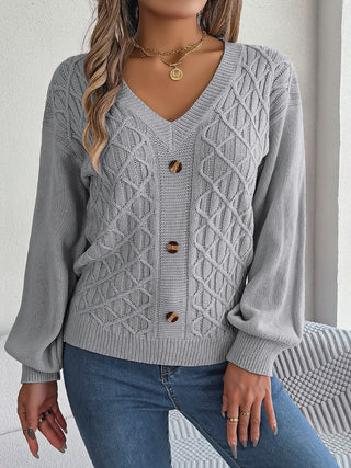 Cable-Knit V-Neck Lantern Sleeve Sweater Divacious