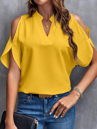 Notched Cold Shoulder Half Sleeve Blouse Divacious