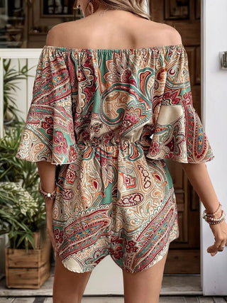 Printed Off Shoulder Half Sleeve Romper Divacious