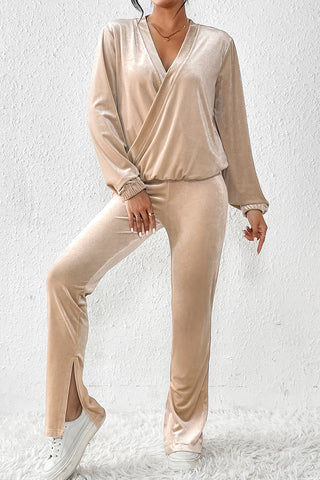 Surplice Long Sleeve Top and Slit Pants Set Trendsi