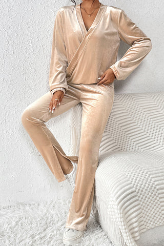 Surplice Long Sleeve Top and Slit Pants Set Trendsi