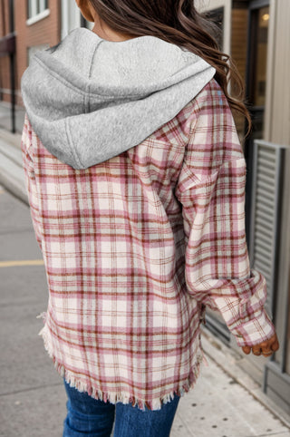 Plaid Raw Hem Drawstring Hooded Jacket Divacious