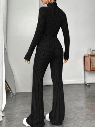 Ribbed Mock Neck Long Sleeve Top and Pants Set Trendsi