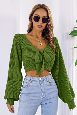 Bow V-Neck Long Sleeve Cropped Sweater Divacious