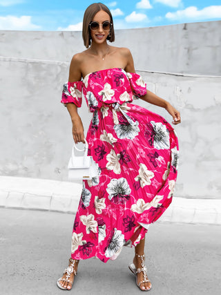 Pleated Floral Off-Shoulder Short Sleeve Midi Dress Trendsi