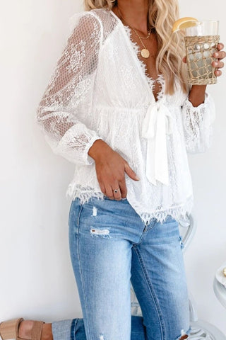 Lace Detail Plunge Long Sleeve Blouse Divacious