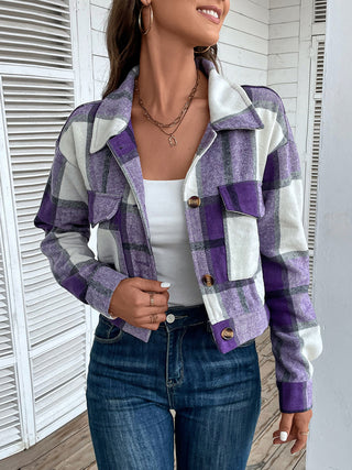 Plaid Button Up Drop Shoulder Cropped Jacket Divacious