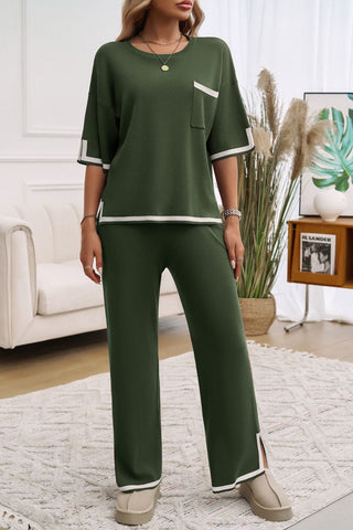 Contrast Trim Half Sleeve Top and Pants Set - Divacious